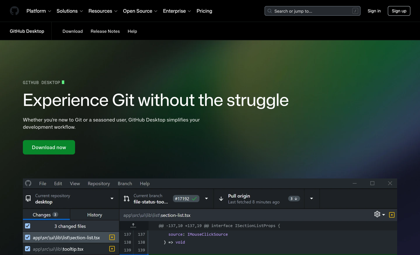 Página de download do GitHub Desktop