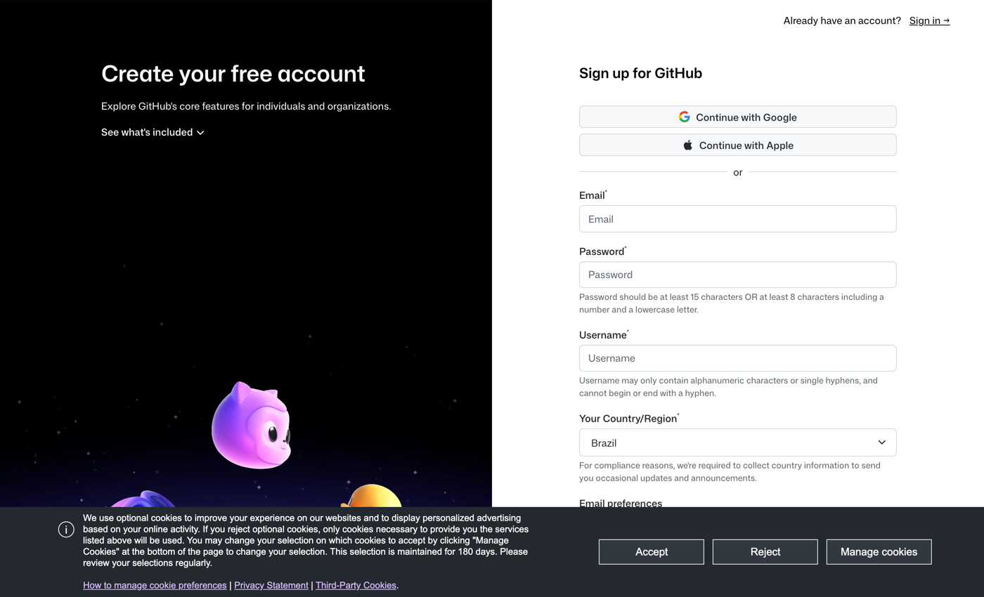 Tela de cadastro do GitHub em github.com/signup